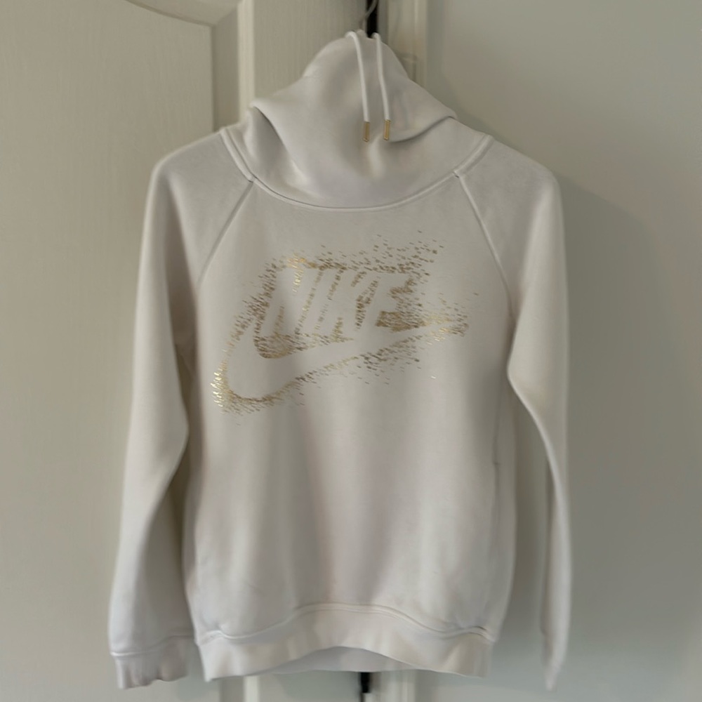 Nike Wmn XS funnel neck hoodie. White with gold lettering and accents.